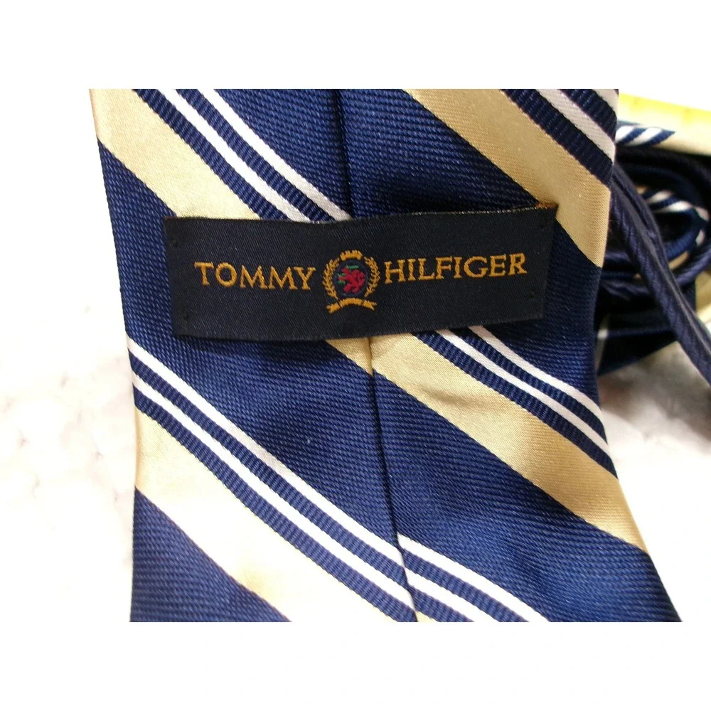 Tommy Hilfiger Mens 3.75x57 Necktie Navy Gold Striped Silk Made in USA WPL 2831